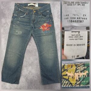 Levis 504 Slouch Straight Jeans Womens 11M Embroidered Floral Studded Hemmed Y2K